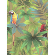 Papier peint motif tropical et perroquets- Fond taupe - UGEPA