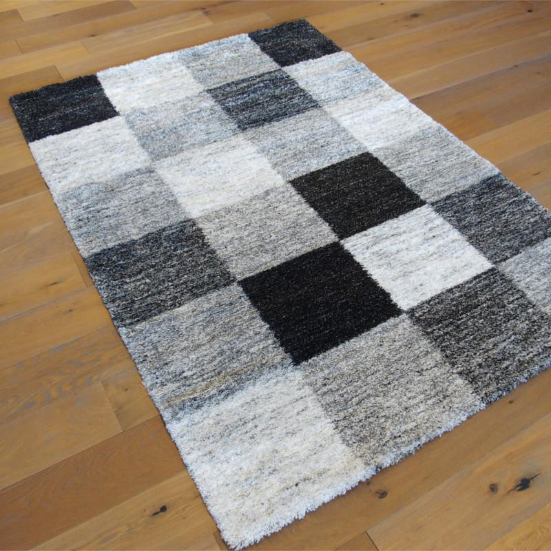 Tapis shaggy motif carrés gris et blanc - 160x230cm - Sherpa