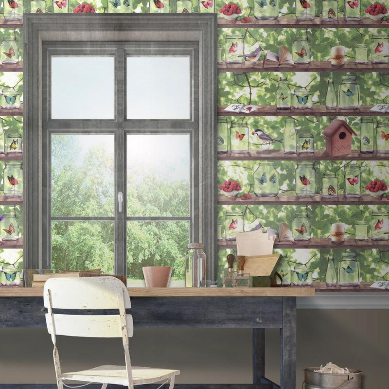 Papier peint expansé sur intissé jardin trompe l'oeil étagère coloré - VOYAGE - UGEPA