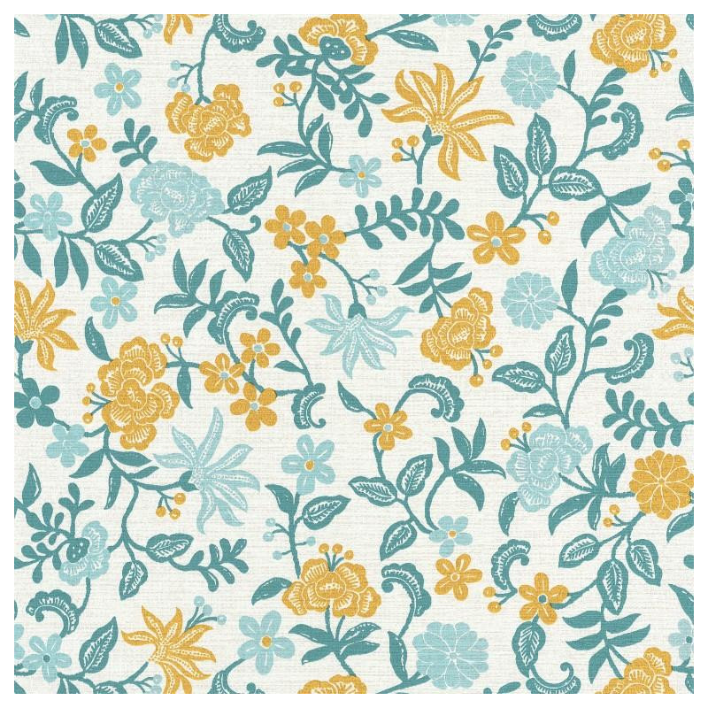 Papier peint Bohemia floral bleu et jaune sur fond blanc – Acapulco - Caselio