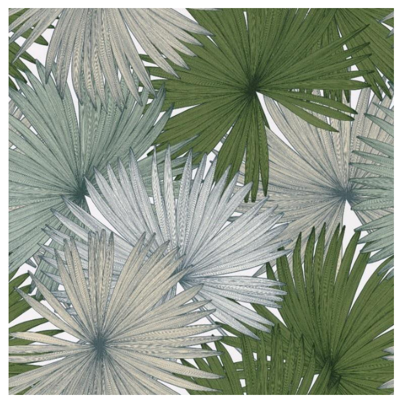 Papier peint Coconut Motifs feuilles de cocotier nuances de vert sur fond blanc – JUNGLE - Caselio
