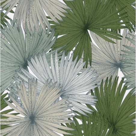 Papier peint Coconut Motifs feuilles de cocotier nuances de vert sur fond blanc – JUNGLE - Caselio