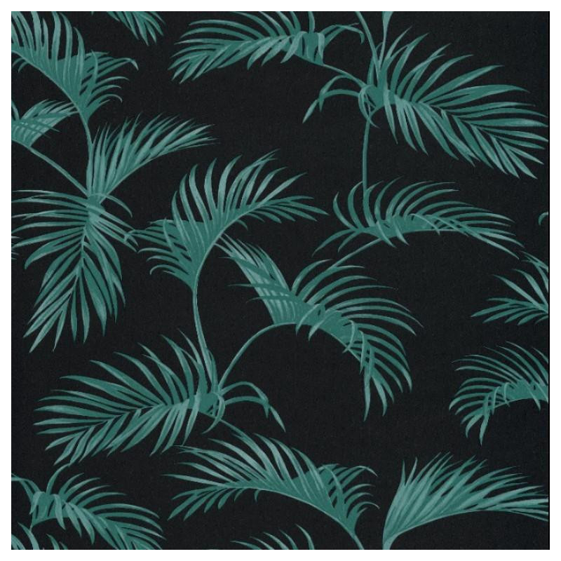 Papier peint Palmes Motifs feuilles de palmier vert sur fond noir – JUNGLE - Caselio