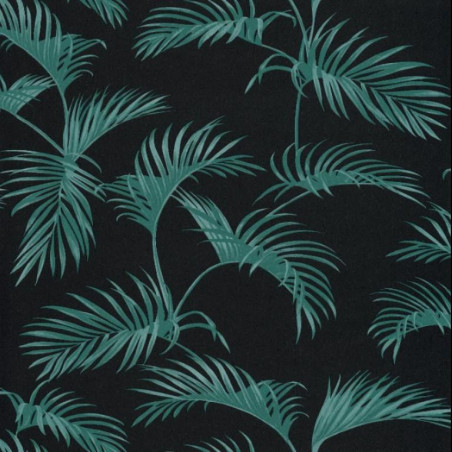 Papier peint Palmes Motifs feuilles de palmier vert sur fond noir – JUNGLE - Caselio