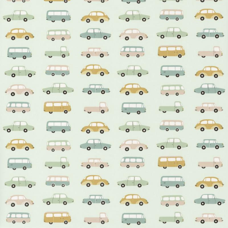 Papier peint intissé enfant Voitures vintage vert menthe - HAPPY DREAMS Casadeco