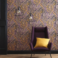 Papier peint Feuilles jaune curry et prune - PANAMA - Casadeco - PANA81072516