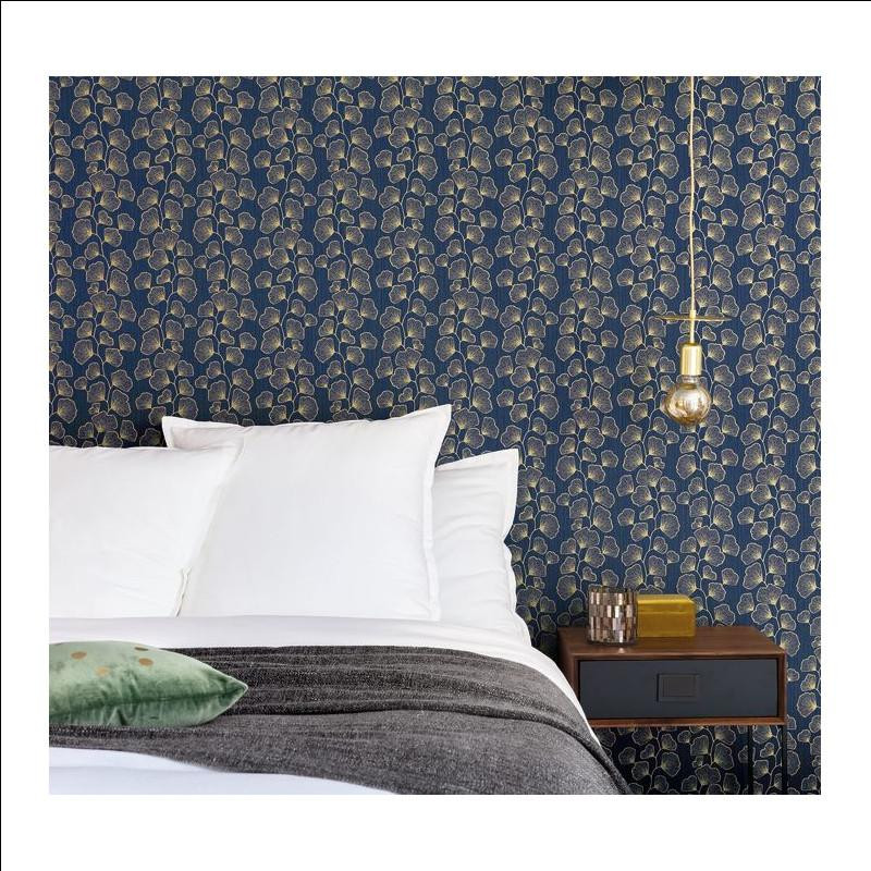 Papier peint Ginkgo bleu nuit et doré - SCARLETT - Caselio - SRL100486062