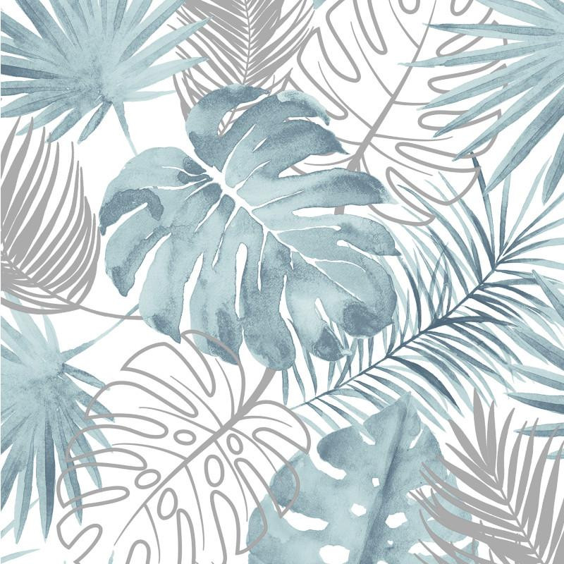 Décoration Murale Métal : Palmes et Monstera, Gris et Bleu, L 90 cm