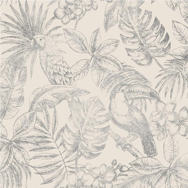 Papier peint Feuillage Tropical et Oiseaux lin et argent - ESCAPADE - Ugepa - L70709