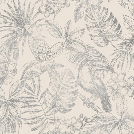 Papier peint Feuillage Tropical et Oiseaux lin et argent - ESCAPADE - Ugepa - L70709