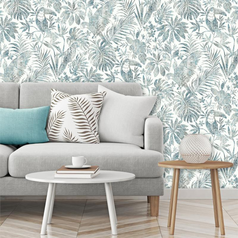 Papier peint Feuillage Tropical et Oiseaux bleu et marron - ESCAPADE - Ugepa - L68501