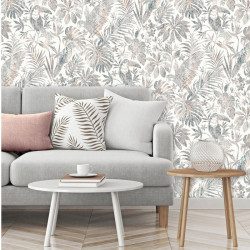 Papier peint Feuillage Tropical et Oiseaux gris et beige - ESCAPADE - Ugepa - L68508