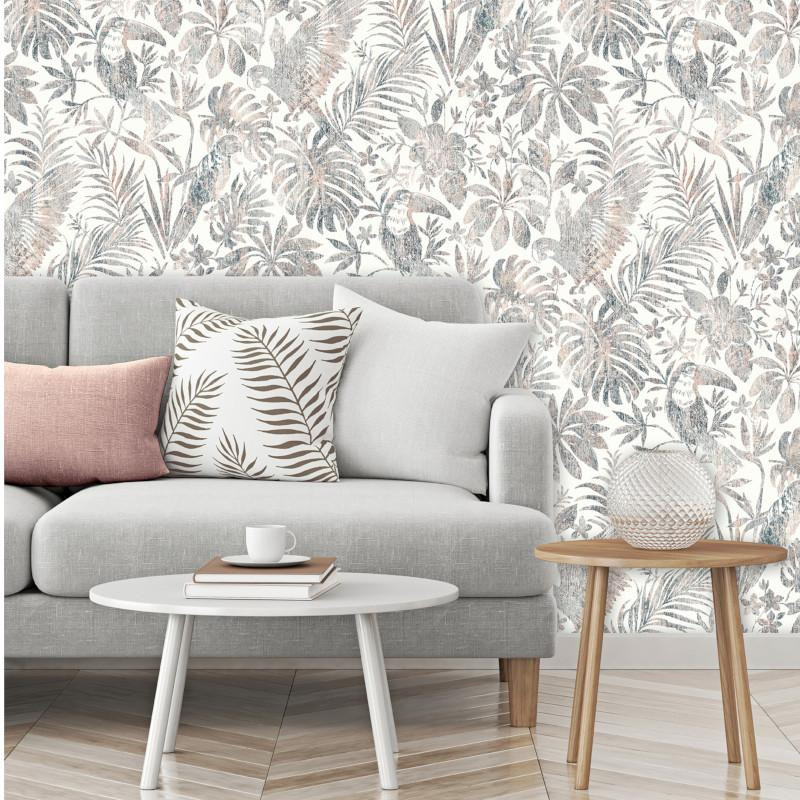 Papier peint Feuillage Tropical et Oiseaux gris et beige - ESCAPADE - Ugepa - L68508