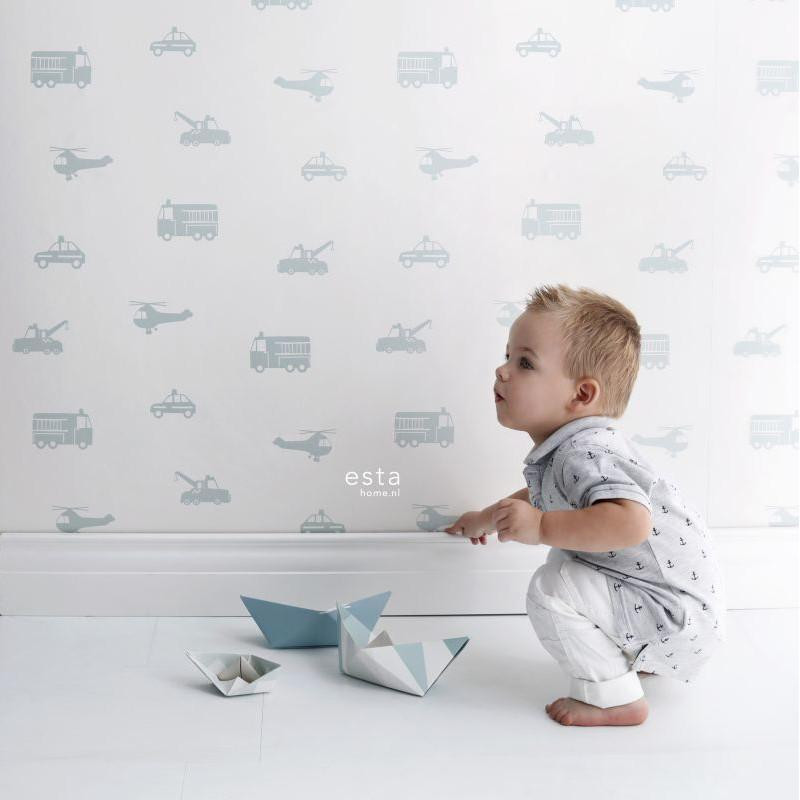 Papier peint Véhicules vert menthe - LITTLE BANDITS - Esta Home - 128856