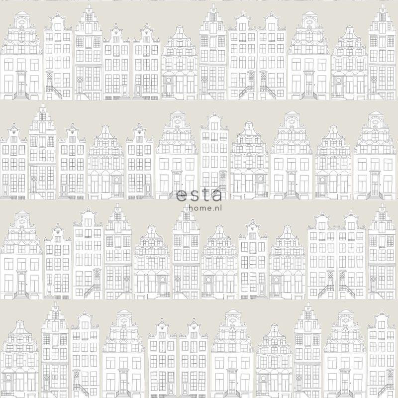 Papier peint Maison d'Amsterdam gris clair - LITTLE BANDITS - Esta Home - 138909