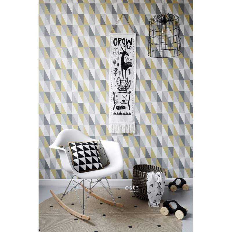 Papier peint intissé enfant Triangles jaune ocre et gris - Little Bandits - ESTA HOME