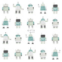 Papier peint enfant Robots jouets vintage vert menthe et bleu- Little Bandits - ESTA HOME