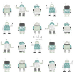 Papier peint Robots vert menthe et bleu - LITTLE BANDITS - Esta Home - 138938