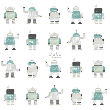 Papier peint Robots vert menthe et bleu - LITTLE BANDITS - Esta Home - 138938