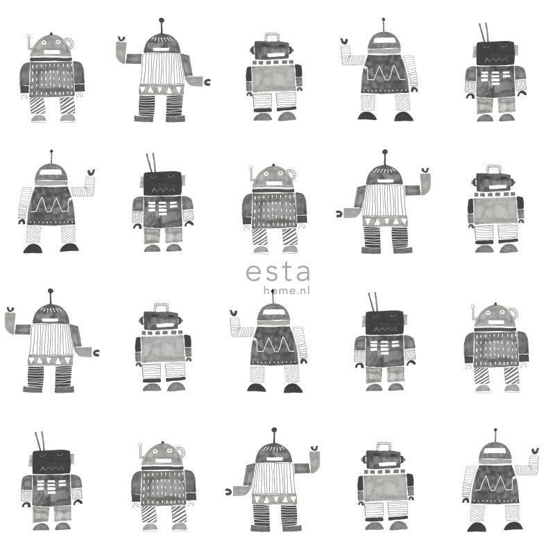 Papier peint enfant Robots jouets vintage noir et blanc - Little Bandits - ESTA HOME