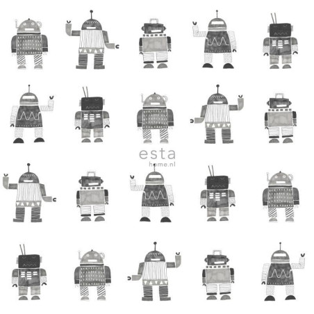 Papier peint enfant Robots jouets vintage noir et blanc - Little Bandits - ESTA HOME