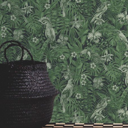 Papier peint Jungle perroquets noir vert 372101 - Greenery - AS CREATION