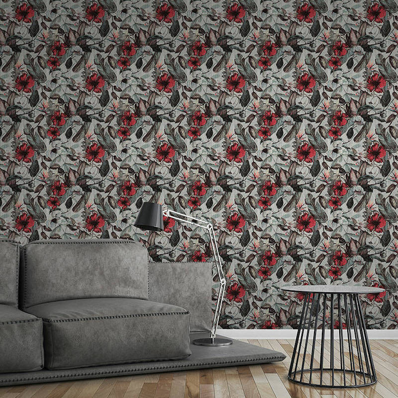Papier peint Fleurs gris et rouge - GREENERY - AS Creation - 372161 