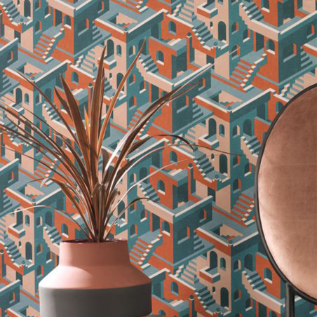 Papier peint Illusion Bleu Rose Orange - UTOPIA - Casadeco - UTOP85113515