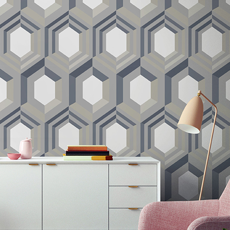 Papier peint intissé à motif hexagonal 3D argent et beige - GALACTIK - UGEPA