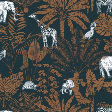 Papier peint à motif JUNGLE TRIP bleu nuit et camel OUP101956915 - OUR PLANET - Caselio