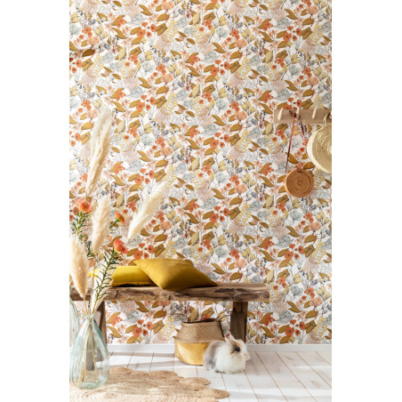 Papier peint à motif MAY vert d'eau ocre et rose FLP101857241 - FLOWER POWER - CASELIO