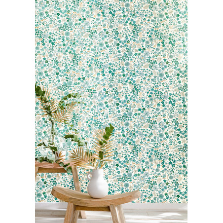 Papier peint à motif JUNE vert émeraude doré FLP101867126 - FLOWER POWER - CASELIO