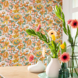 Papier peint July vert d'eau ocre et corail - FLOWER POWER - Caselio - FLP101877023 