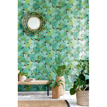 Papier peint à motif AUGUST vert émeraude doré FLP101887124 - FLOWER POWER - CASELIO