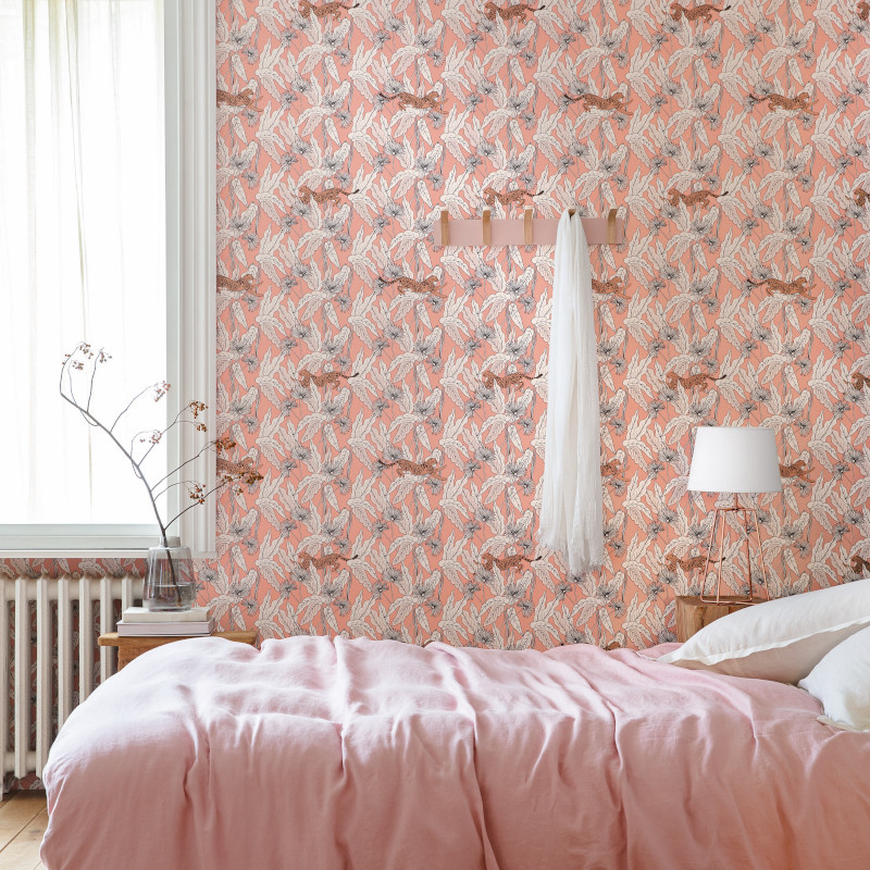 Papier peint à motif FANTASIE WORLD rose pêche blanc cuivre PTB101774001 - THE PLACE TO BED - CASELIO