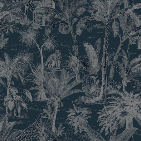 Papier peint Animaux de la Jungle bleu et argent - ODYSSEE - Ugepa - L971-01D