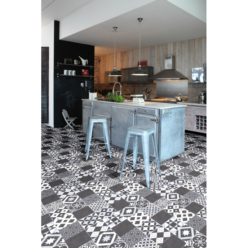 Sol PVC - Amadora 990D carreaux de ciment gris foncé - Plaza BEAUFLOR - rouleau 4M