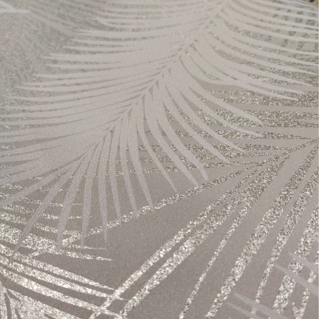 Papier peint vinyle sur intissé Palmes Retro argenté, fond beige - EDEN - Ugepa - J98207