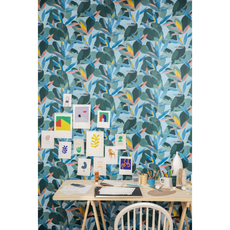 Papier peint Influence bleu cobalt jaune corail - IMAGINATION - Caselio - IMG102156127