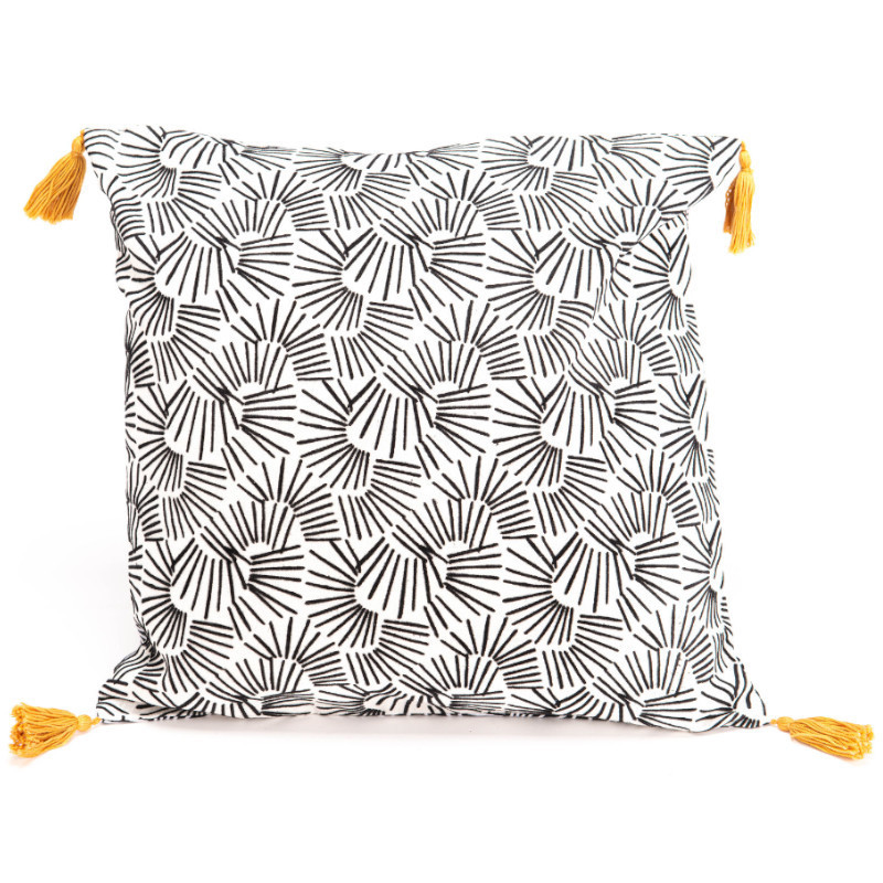 Coussin Ava noir et blanc à pompon jaune - 50x50cm - Amadeus