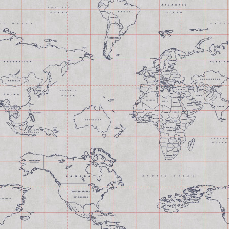 Papier peint Map World bleu encre, gris et corail - TONIC - Caselio - TONI69473328