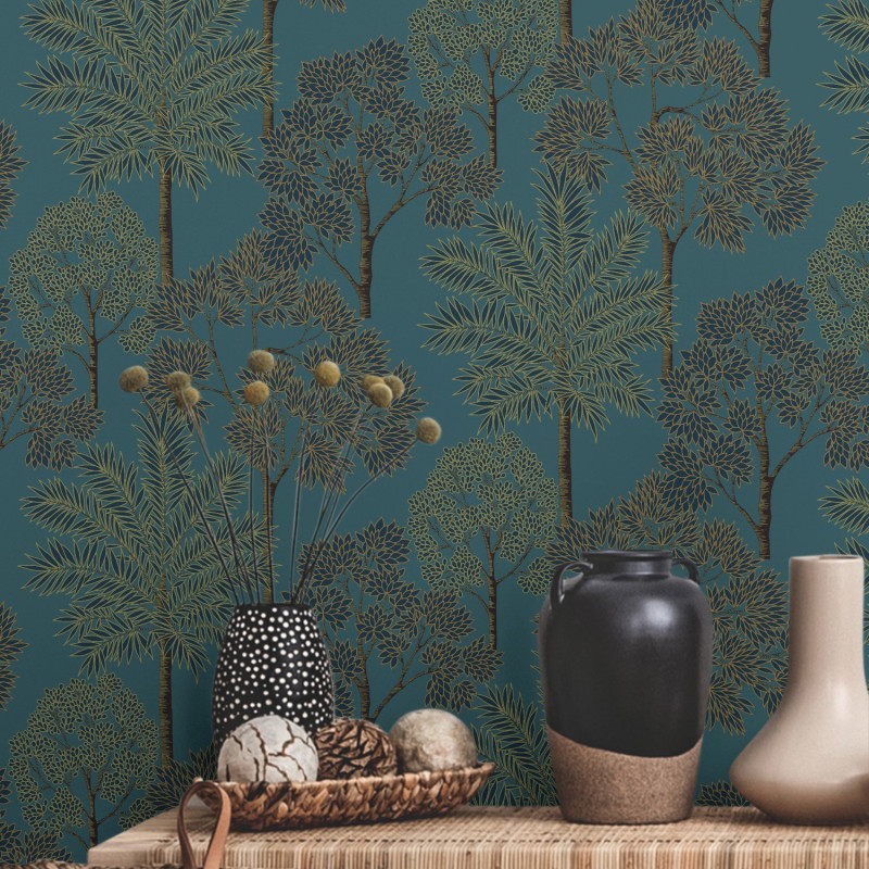 Papier peint City Of Palms Teal bleu canard - HISTORIAN - Grandeco - A49802