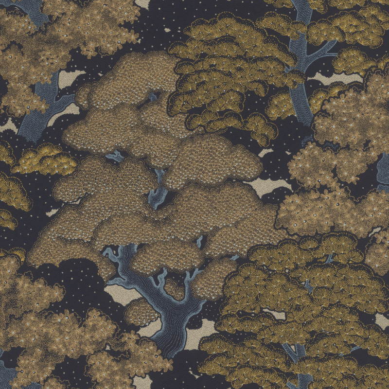 Papier peint intissé KYOTO JUNGLE bleu nuit et doré - Rasch 477214