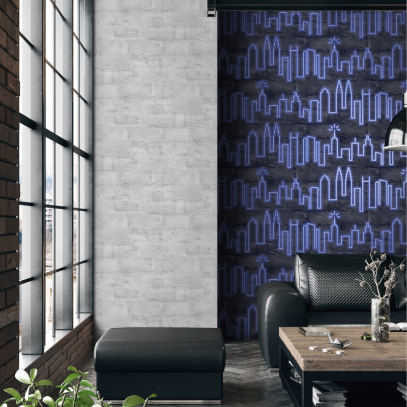 Papier peint City Skyline bleu phosphorescent et noir - LOFT - UGEPA M53101