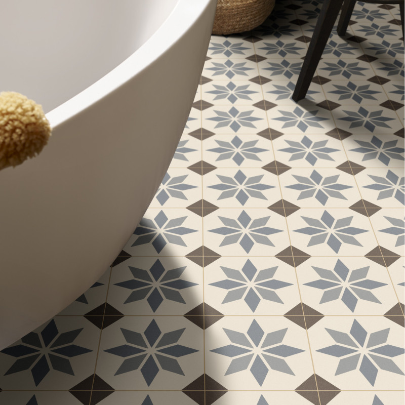 Sol PVC - Scottsdale 196L carreaux de ciment étoile beige - Optima Retro-Tex BEAUFLOR - rouleau 2M