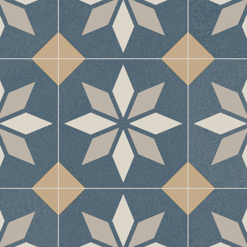Sol PVC - Scottsdale 712M carreaux de ciment étoile bleu/beige - Optima Retro-Tex BEAUFLOR - rouleau 3M