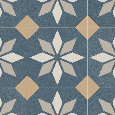 Sol PVC - Scottsdale 712M carreaux de ciment étoile bleu/beige - Optima Retro-Tex BEAUFLOR - rouleau 3M