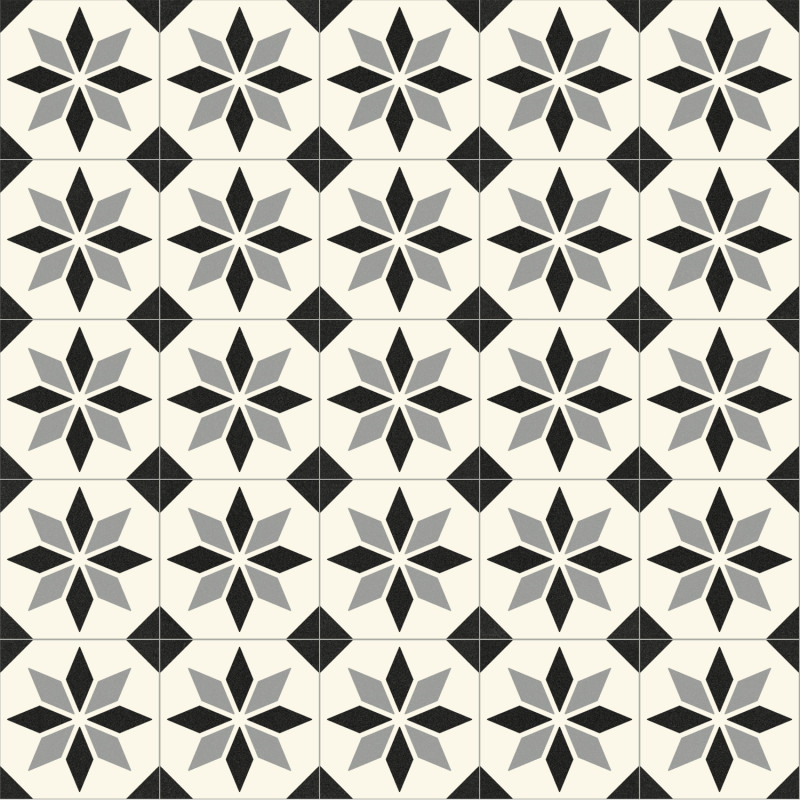 Sol PVC - Scottsdale 099M carreaux de ciment étoile noir et blanc - Optima Retro-Tex BEAUFLOR - rouleau 4M
