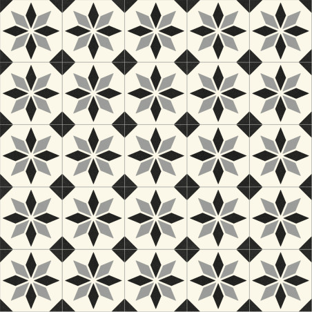 Sol PVC - Scottsdale 099M carreaux de ciment étoile noir et blanc - Optima Retro-Tex BEAUFLOR - rouleau 4M