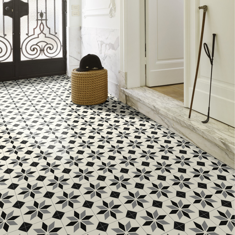 Sol PVC - Scottsdale 099M carreaux de ciment étoile noir et blanc - Optima Retro-Tex BEAUFLOR - rouleau 3M
